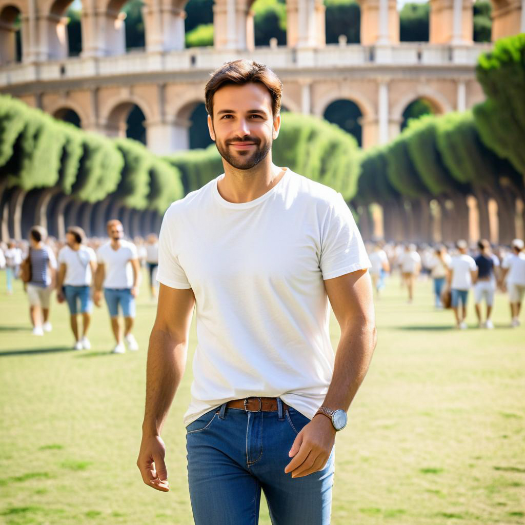 Confident Man in Lush Park with Historic Architecture