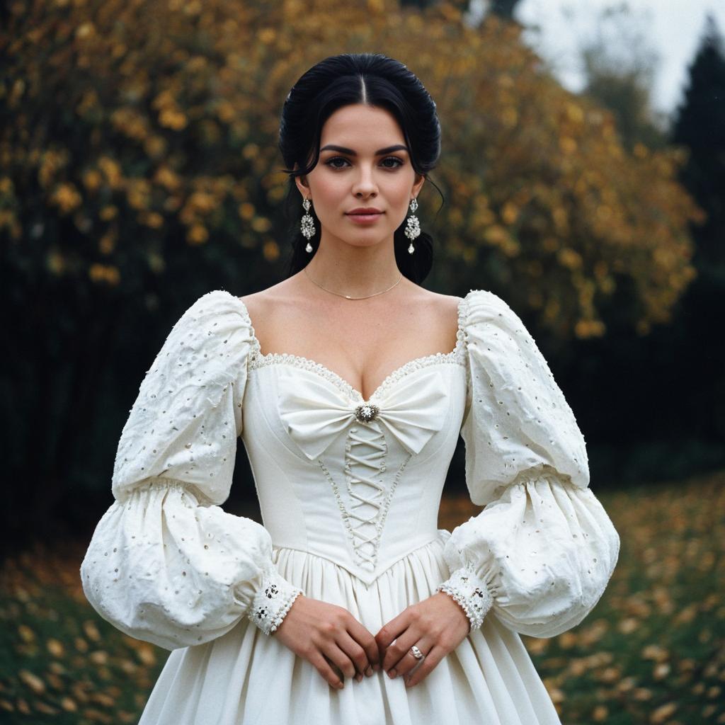 Woman in Vintage White Gown Outdoors