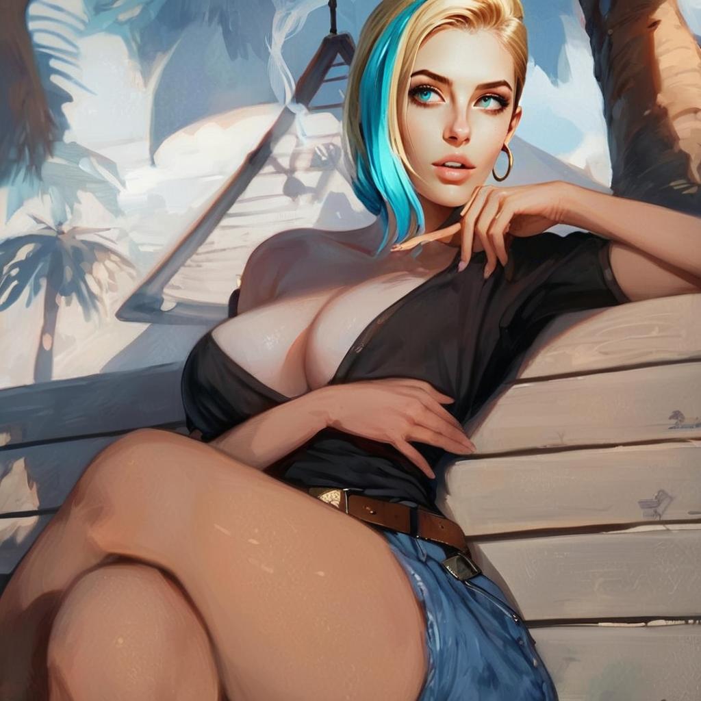 Confident Woman with Blue Highlights in Tropical Setting Confident Woman with Blue Highlights in Tropical Setting