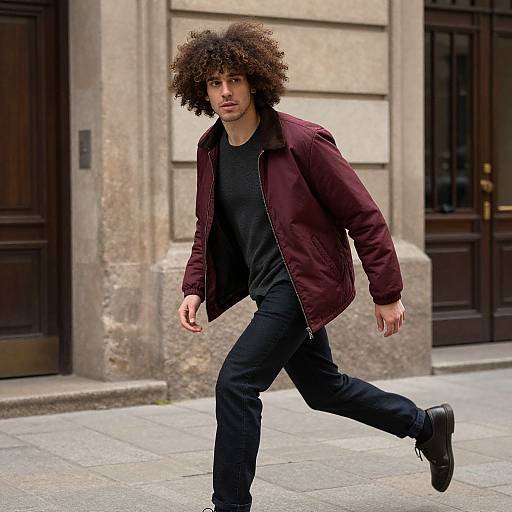Stylish Young Man Walking in Urban Street Wearing Burgundy Jacket