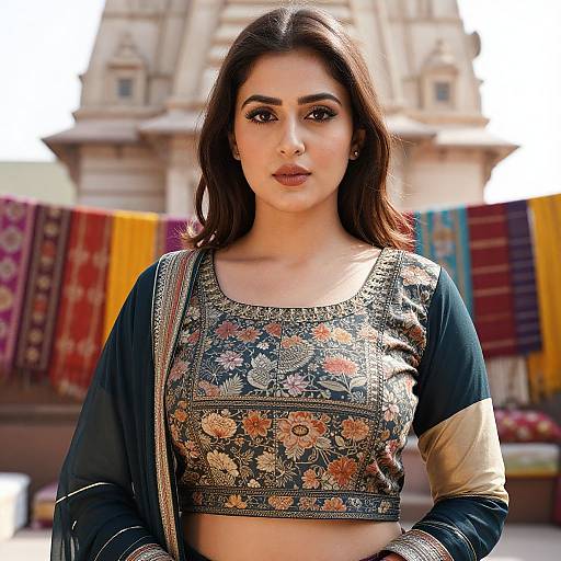 Woman Wearing Traditional Floral Embroidered Blouse With Colorful Textile Backdrop