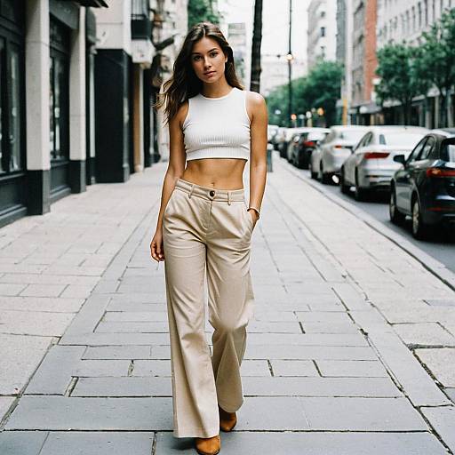 Stylish Beige Trousers for Petite Ladies with White Crop Top on City Street