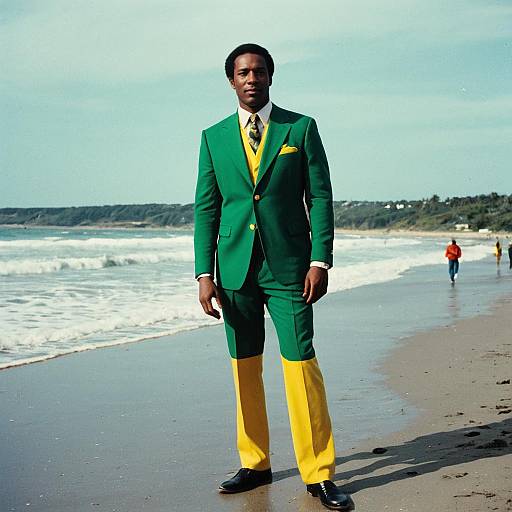 Man in Retro Green and Yellow Cool Runnings Fancy Dress Suit on Beach