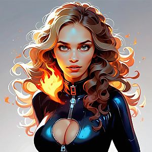 Confident Woman in Shiny Black Outfit with Flame Effects