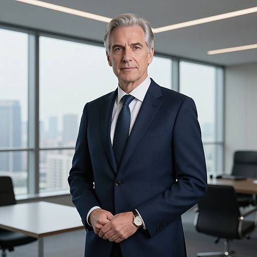 Mature Businessman in Navy Blue Suit Standing in Modern Office