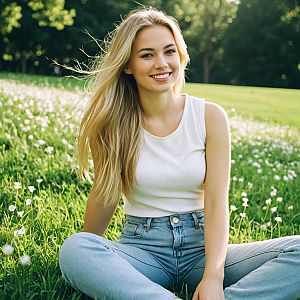 Smiling Blonde Woman Sitting on Grass in Sunny Outdoor Field