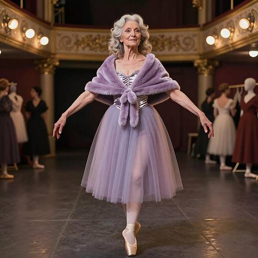 Elegant Elderly Ballerina in Lavender Ballet Costume Posing in Vintage Theater