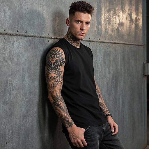 Tattooed Young Man in Black Sleeveless Shirt Leaning on Industrial Wall