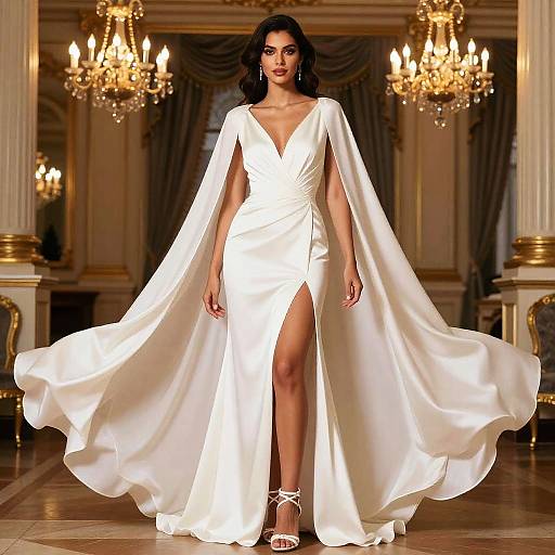 Elegant Woman in White Satin Cape Gown with Thigh Slit in Luxurious Ballroom