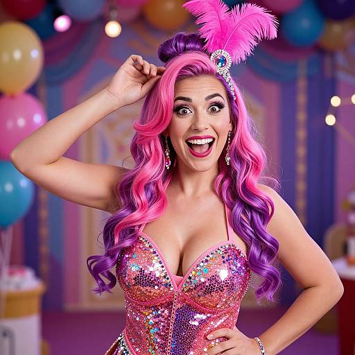 Excited Woman in Vibrant Pink and Purple Sequined Costume with Feather Headpiece