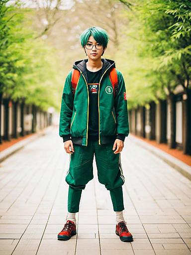 Young Woman in Green Sporty Outfit with Teal Hair and Red Backpack in Urban Park