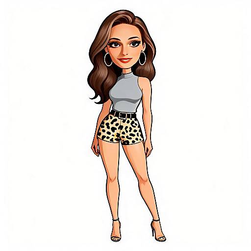 Stylish Woman in Leopard Print Shorts and Gray Top Caricature Illustration