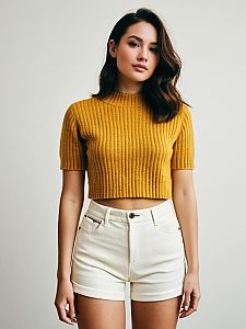 Young Woman in Mustard Yellow Cropped Sweater and White Shorts Casual Fashion