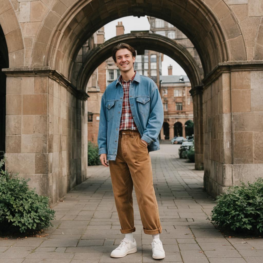 Man Smiling Under Historic Stone Archway