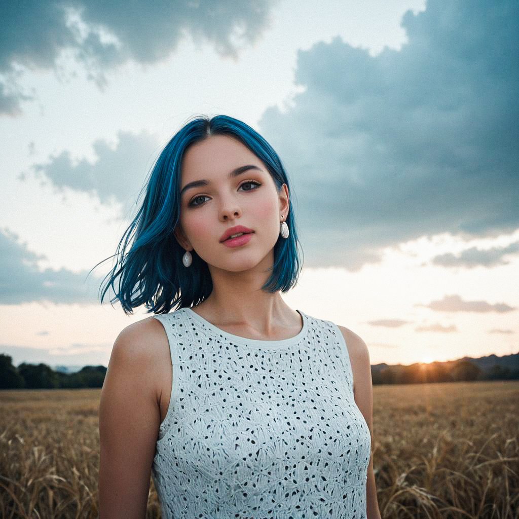 Young Woman with Blue Hair in Golden Field at Sunset Young Woman with Blue Hair in Golden Field at Sunset