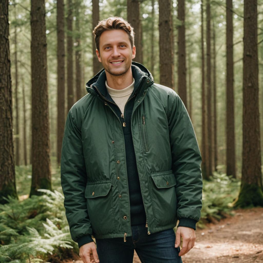 Friendly man in a green jacket in a serene forest