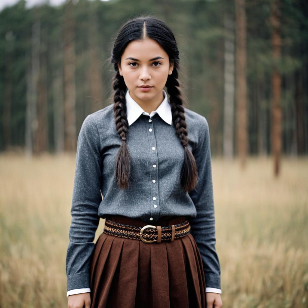 Portrait of Young Woman in Braids Wearing Classic Grey Shirt and Brown Pleated Skirt Outdoors