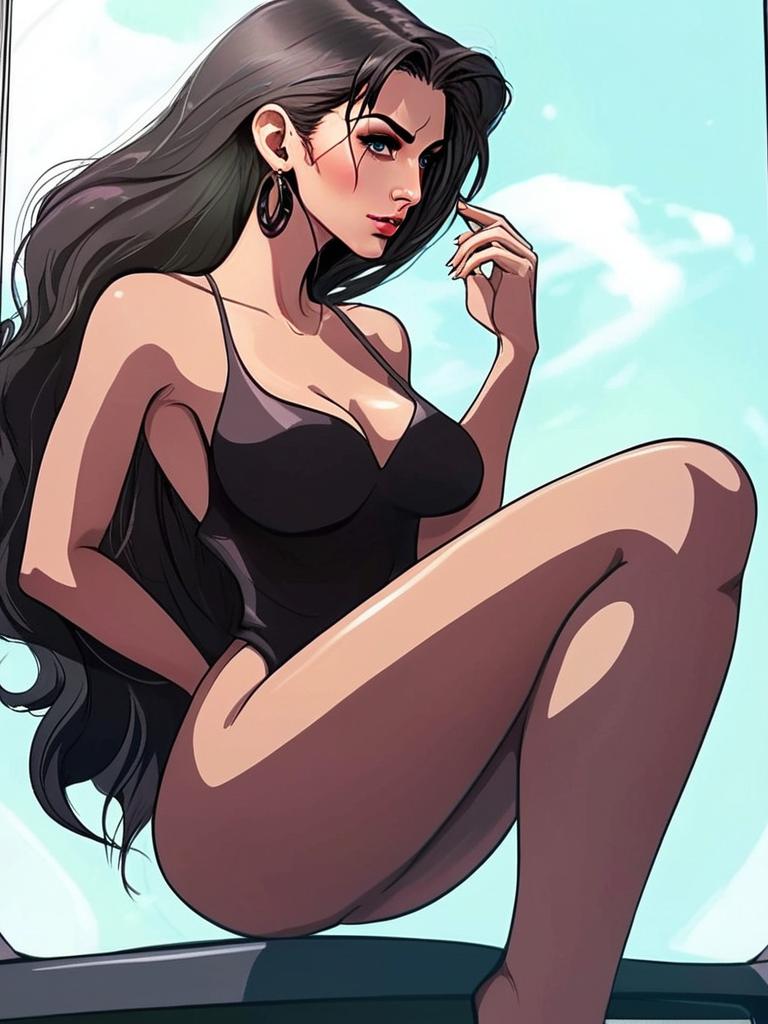 Stylish Woman in Black Swimsuit Digital Artwork with Blue Sky Background