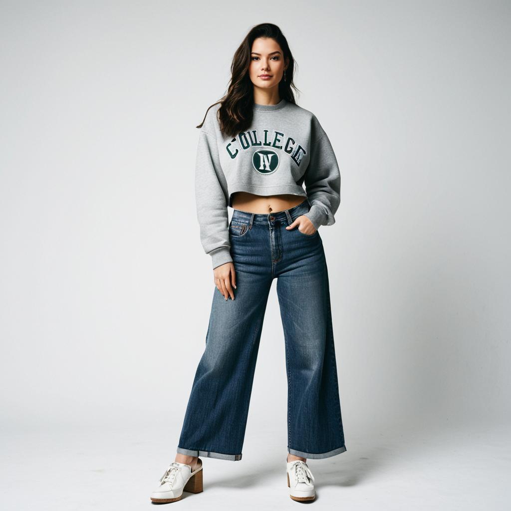 Young Woman in Cropped College Sweatshirt and Wide-Leg Jeans Casual Fashion