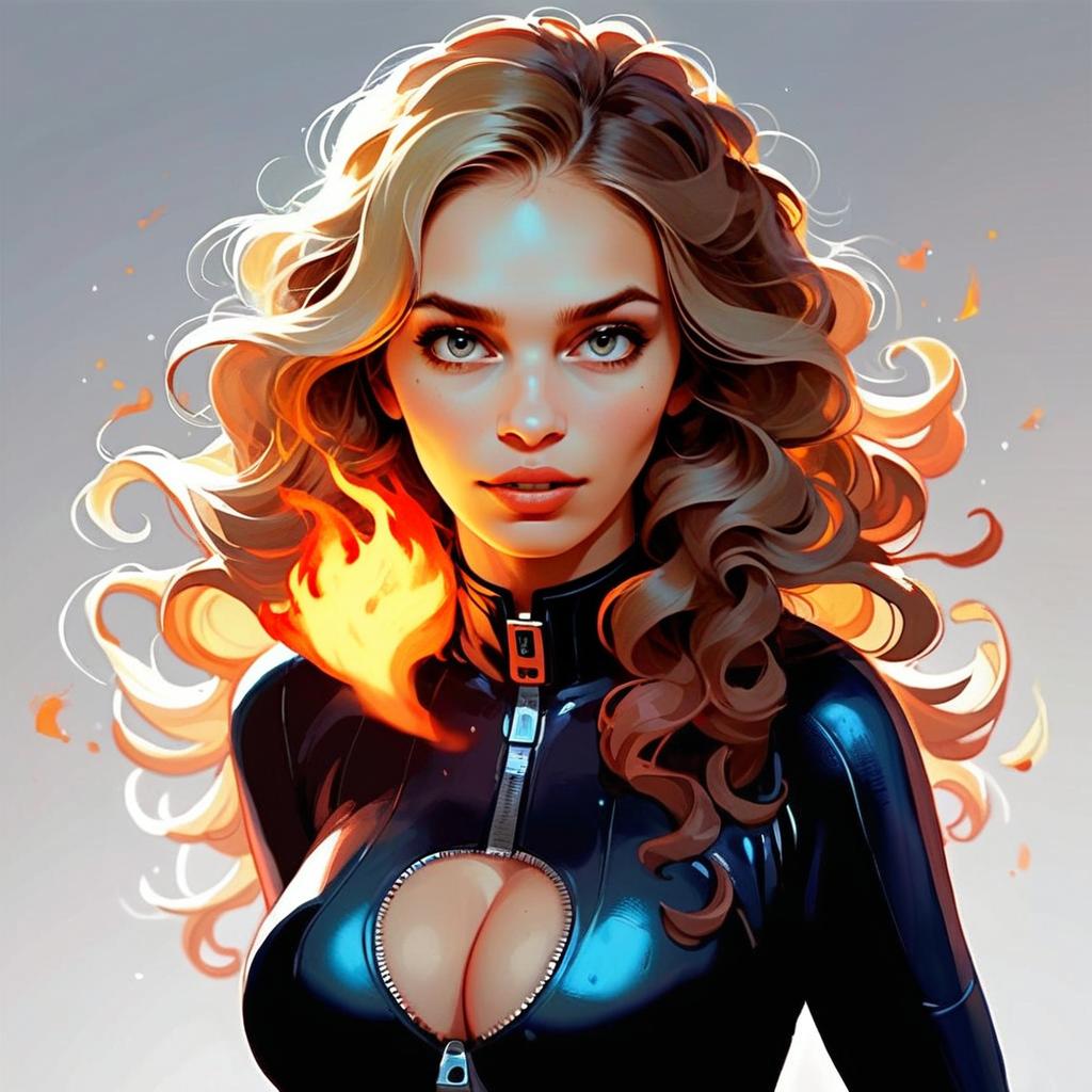 Confident Woman in Shiny Black Outfit with Flame Effects Confident Woman in Shiny Black Outfit with Flame Effects