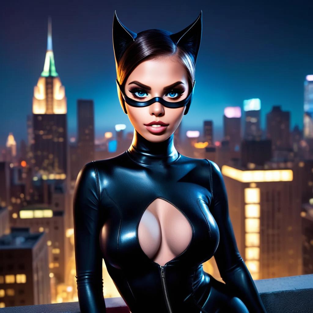 Woman in Black Catsuit with Cat Ears on Rooftop at Night
