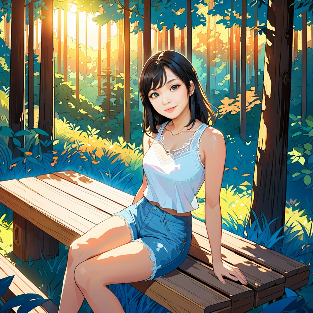 Anime Woman on Bench in Serene Forest