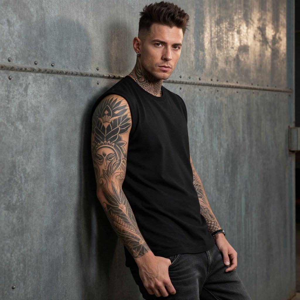 Tattooed Young Man in Black Sleeveless Shirt Leaning on Industrial Wall