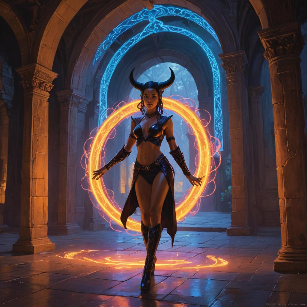 Female Tiefling Stepping Through Mystical Portal in Cathedral