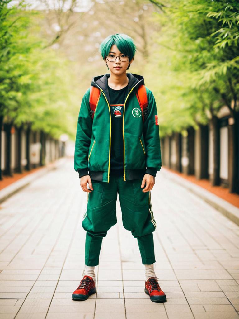 Young Woman in Green Sporty Outfit with Teal Hair and Red Backpack in Urban Park
