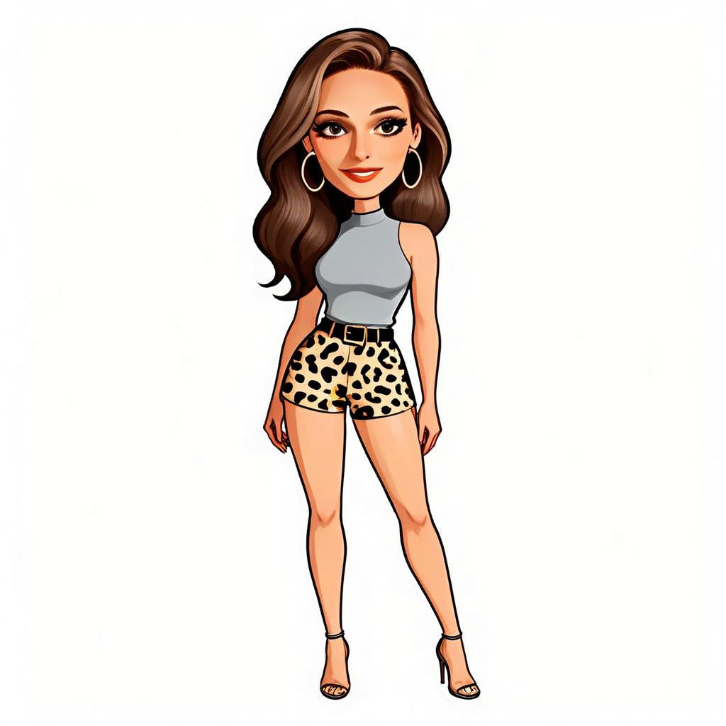 Stylish Woman in Leopard Print Shorts and Gray Top Caricature Illustration