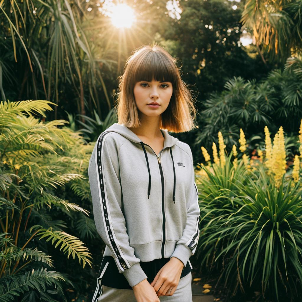 Young Woman in Gray Hoodie Standing in Sunlit Garden