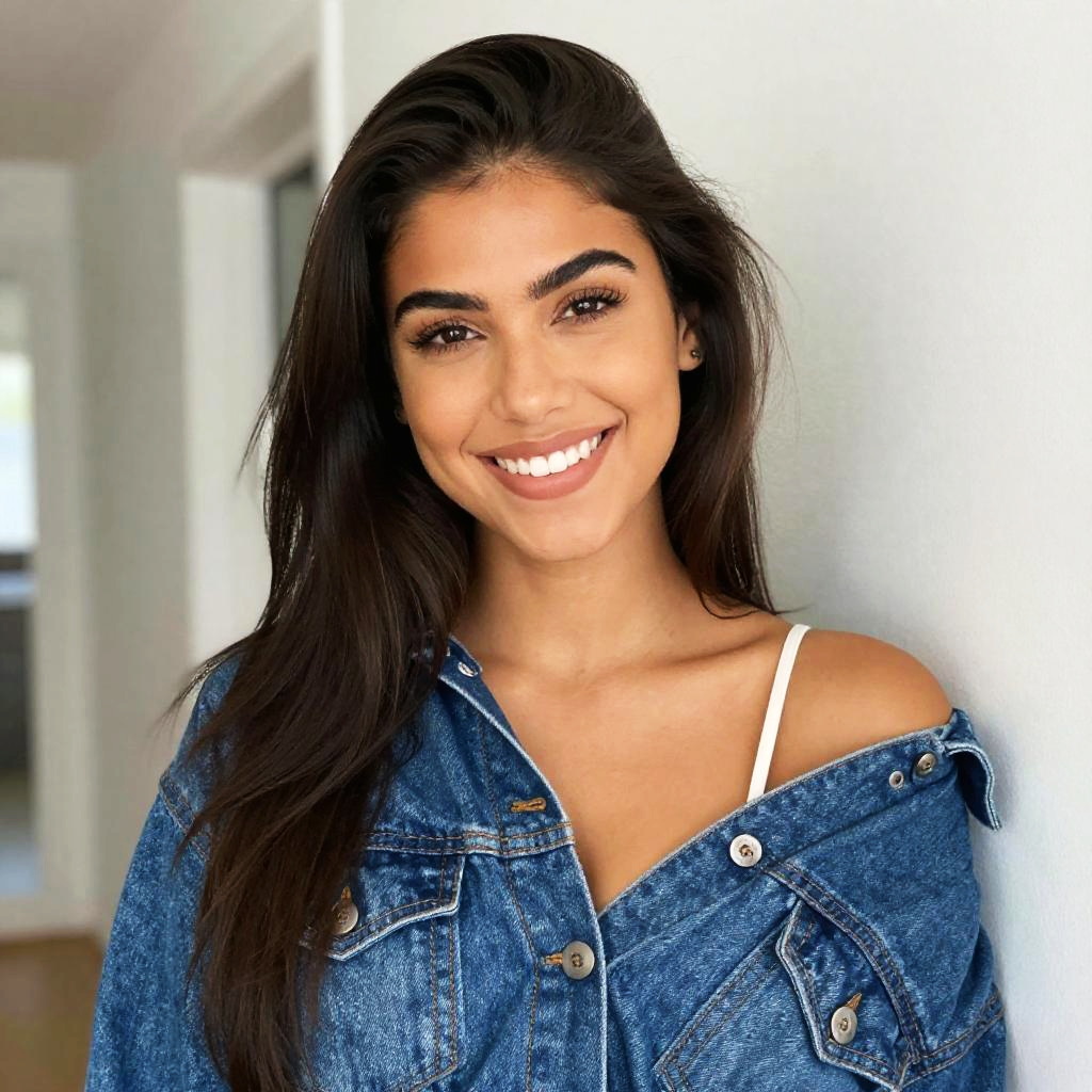 Young Woman Smiling in Off-Shoulder Denim Jacket Casual Style