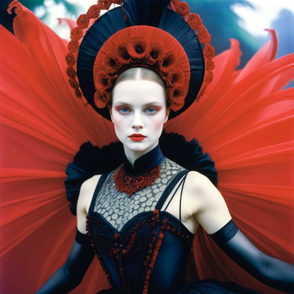 High-fashion model in red and black costume