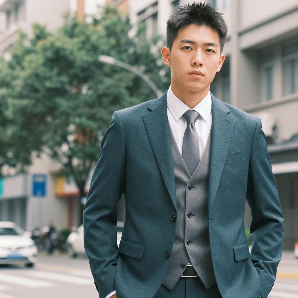 Young Asian Man in Modern Business Suit on Urban Street