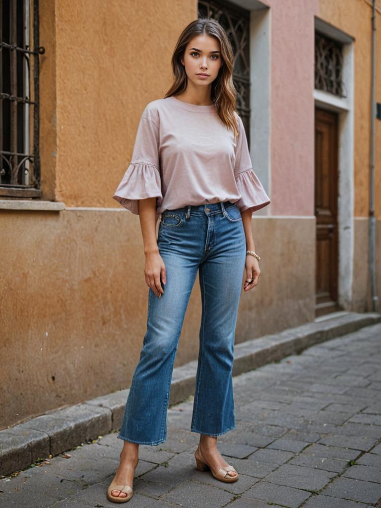 Confident Woman in Dusty Pink Top and Flared Jeans