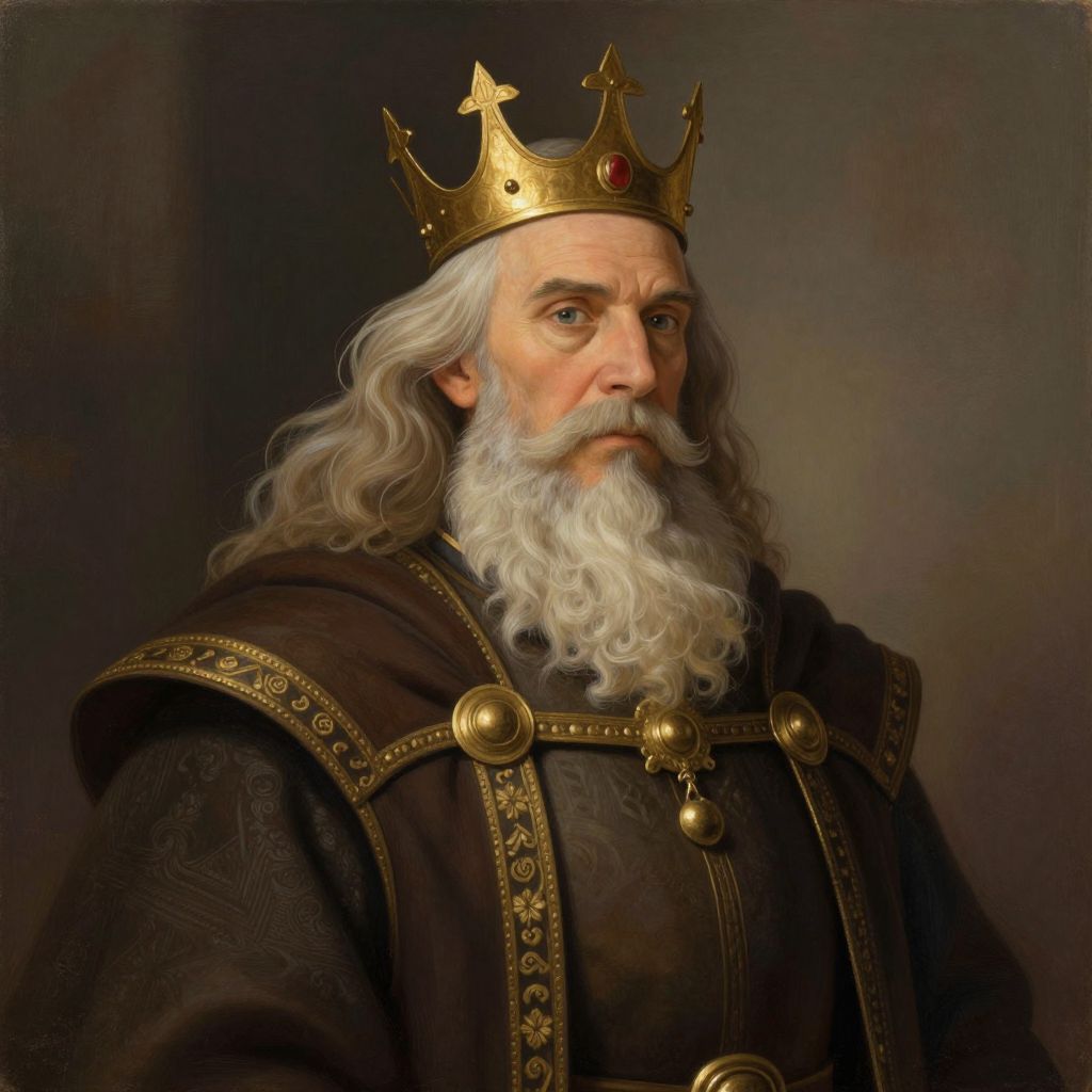Regal Portrait of Elderly King in Ornate Crown and Royal Robes