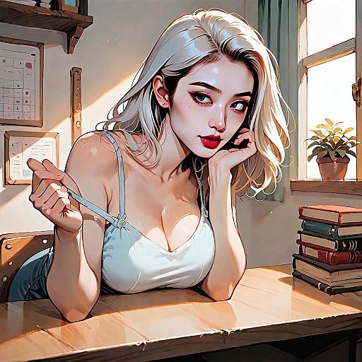 Stylish Blonde Woman in White Top Relaxing at Sunlit Desk Digital Art Portrait
