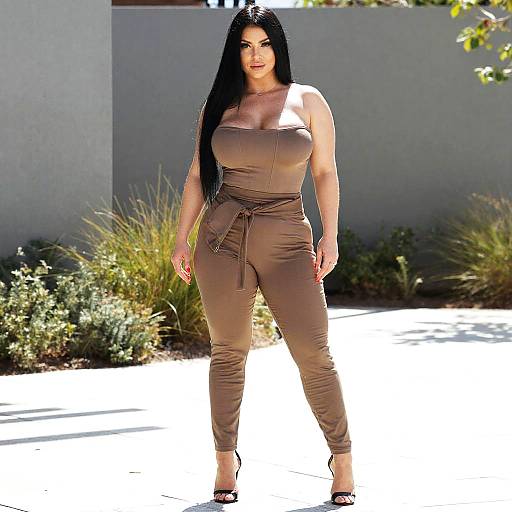 Woman in Taupe Fitted Strapless Jumpsuit with Black Heels Outdoors