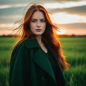 Woman with Red Hair in Green Coat Outdoors at Sunset