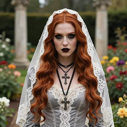 Gothic Vintage Bride with Red Hair in Garden Setting