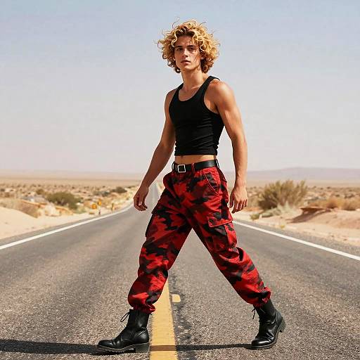 Young Man Wearing Red Camouflage Cargo Pants Walking on Desert Road