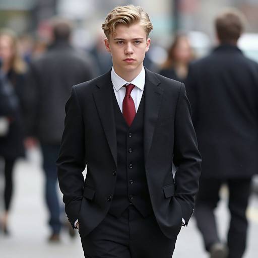 Young Man in Black Three-Piece Suit with Red Tie Walking in City