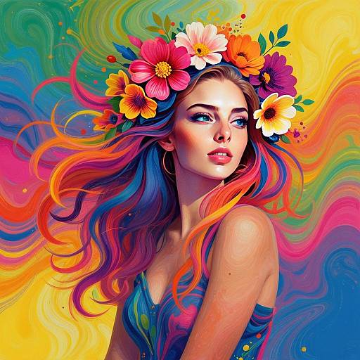 Colorful Psychedelic Digital Portrait of a Woman with Floral Crown