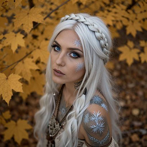 Woman with Braided Blonde Hair and Silver Body Paint in Autumn Forest