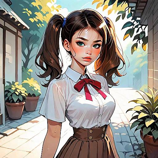 Anime Style Young Woman in School Uniform with Twin Ponytails in Sunlit Alley