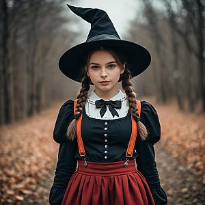 Storybook Witch Costume Woman with Twin Braids and Classic Hat Outdoors