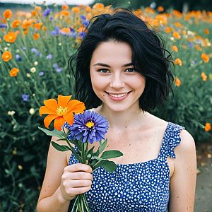 Smiling Woman in Flower Field