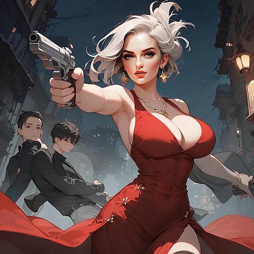 Anime Style Woman in Red Dress Pointing Gun with Two Men in Urban Night Scene