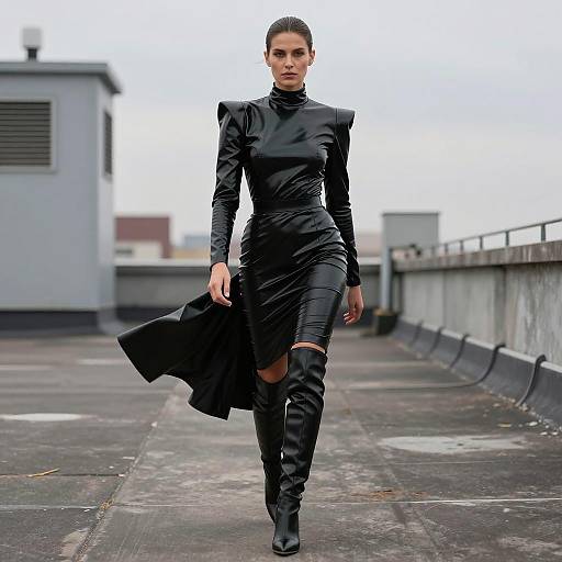 Woman in Black Vinyl Dress and Over-the-Knee Boots Fashion on Rooftop