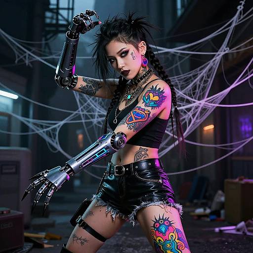 Cyberpunk Gen Z Woman with Robotic Arms and Vibrant Tattoos